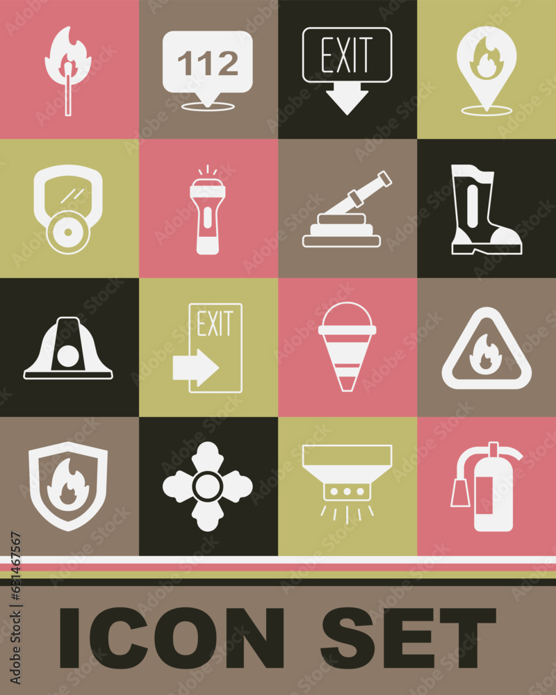 Set Fire extinguisher, flame triangle, boots, exit, Flashlight, Gas mask, Burning match with fire and hose reel icon. Vector Set Fire extinguisher, flame triangle, boots, exit, Flashlight, Gas mask, Burning match with fire and hose reel icon. Vector