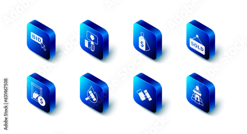 Set Hand holding auction paddle, Price tag with Sale, Auction sold, auctioneer sells, hammer, painting and Bid icon. Vector