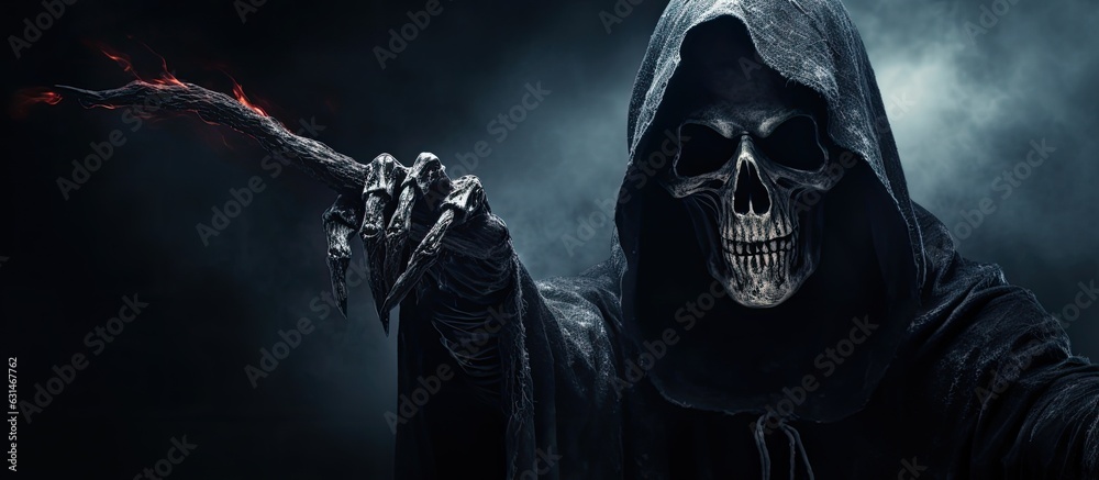 Grim Reaper extending arm towards camera against dark background with space to add text. Grim Reaper extending arm towards camera against dark background with space to add text.