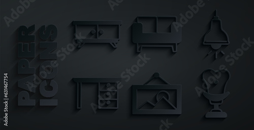 Set Picture, Lamp hanging, Office desk, Armchair, Sofa and Furniture nightstand icon. Vector