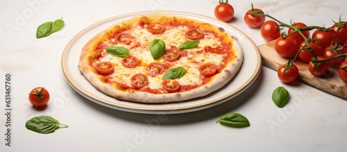 Plate with delicious Margherita pizza and tomato sauce on a light textured backdrop.