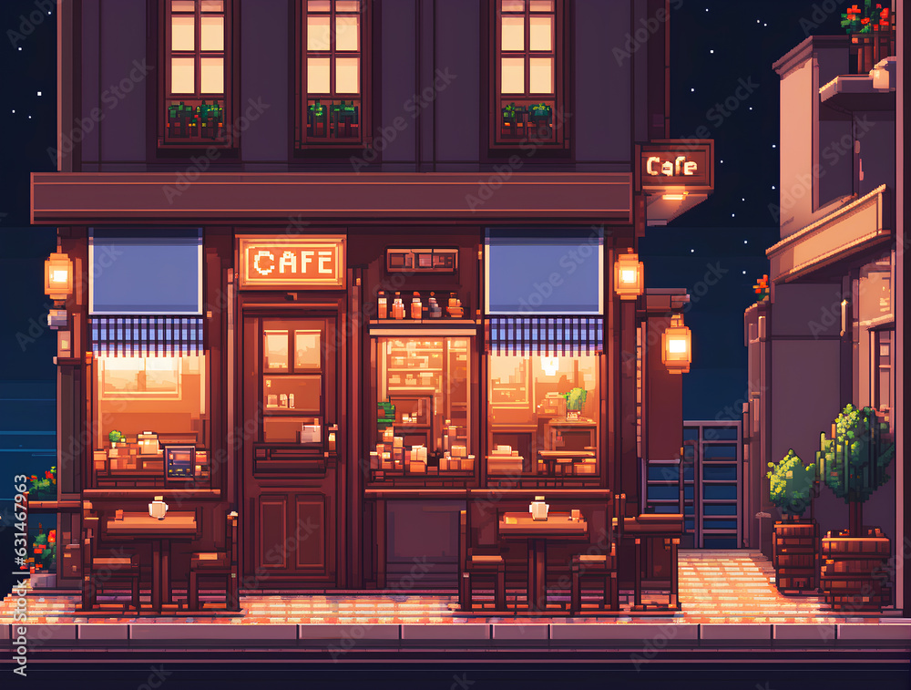 Pixel art illustration of a cozy cafe side view