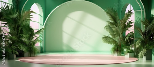 A 3D room with a gradient green background is depicted in an abstract studio setting for product