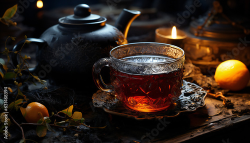 Artistic recreation of crystal cup tea with black tea and teapot with candle lighting. Illustration AI photo