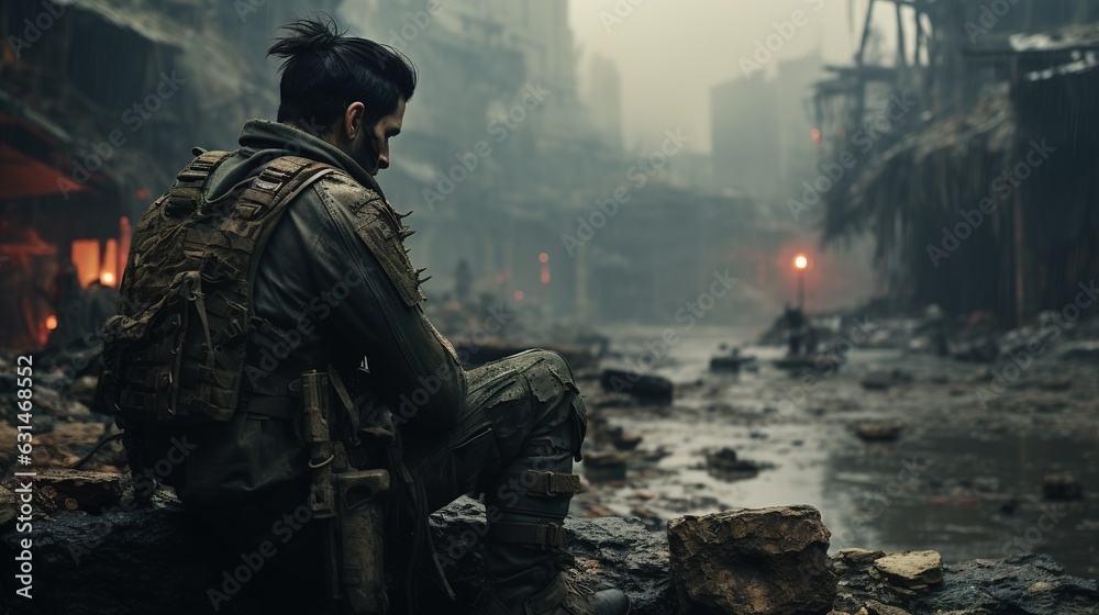 A soldier looks at the ruined city with his head bowed. A ruined building in the background. Generative AI A soldier looks at the ruined city with his head bowed. A ruined building in the background. Generative AI
