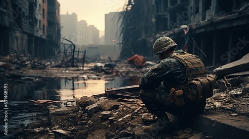 Foto A soldier looks at the ruined city with his head bowed