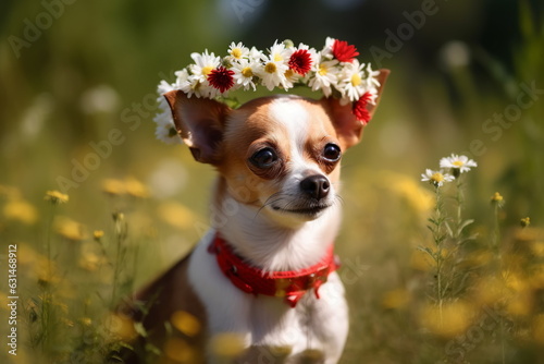 Cute chihuahua dog wearing wreath of flowers. Pet portrait outdoors © Neira