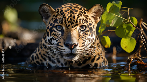 photo of jaguar on the banks of a river in brazil, brazilian feline in the amazon, wild