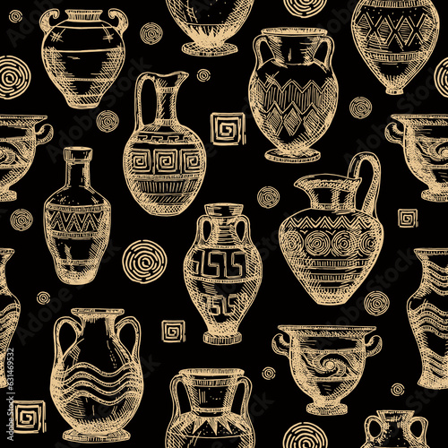 Seamless pattern with ancient Greek vase sketch. Set of clay crockery. Decorative seamless pattern with terracotta vases of different shapes and sizes. Background with of jugs, vessels.