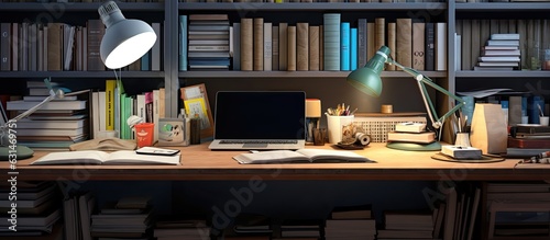 A modern workspace with books, colored pencils, gadgets, and supplies. It includes ample workspace