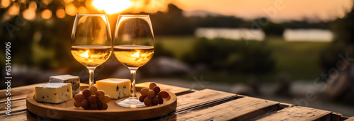 Two glasses of white wine and wooden plate with cheese and nuts during summer time sunset outside, banner size, room for copy