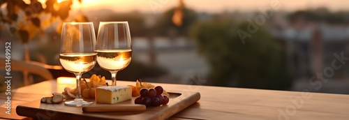Two glasses of white wine and wooden plate with cheese and nuts during summer time sunset outside, banner size, room for copy