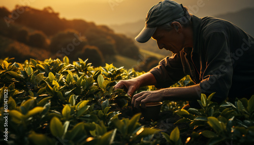 Artistic recreation of farmer picking tea leaves in a plantation of tea plants at sunset. Illustration AI photo