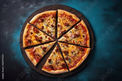 pizza cortada en porciones vista desde arriba sobre una madera y fondo oscuro,ilustracion de ia generativa