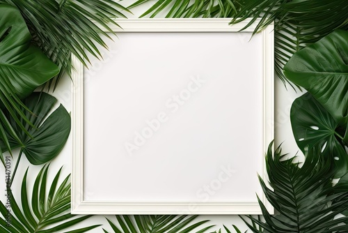 Palm leaf frame on white background. Blank leaf banner design. Green Monstera leaves on wallpaper. Beautiful tropical foliage on summer poster