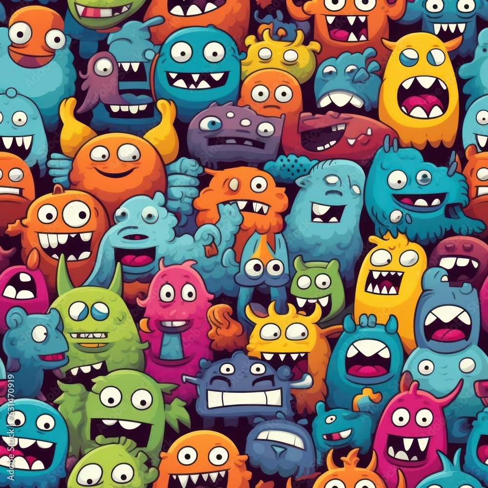 Cute Cartoon Halloween Seamless Tiling Pattern Design. Colorful Backdrop Texture. Generative AI Illustration. Cute Cartoon Halloween Seamless Tiling Pattern Design. Colorful Backdrop Texture. Generative AI Illustration.