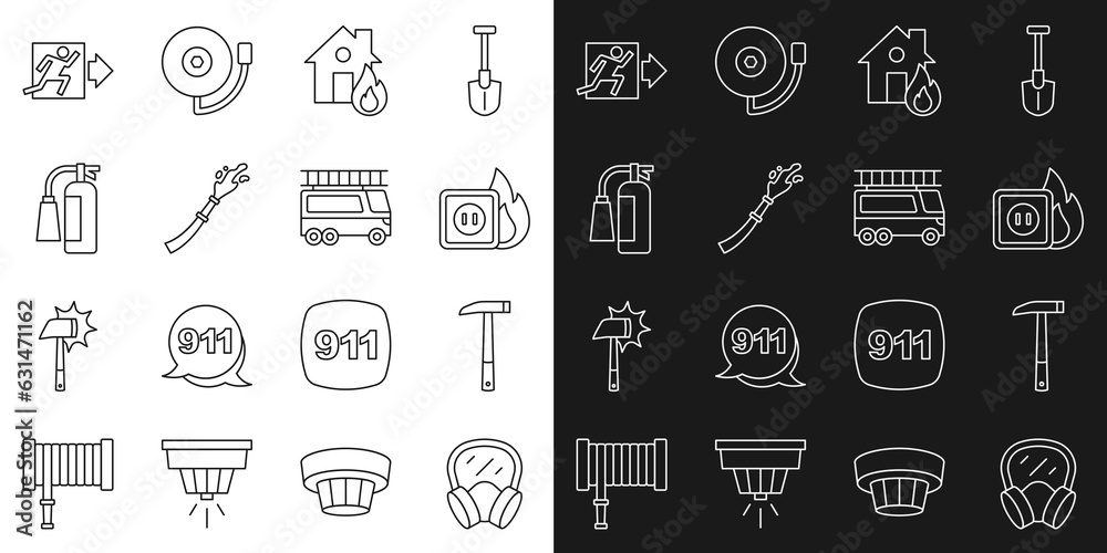 Set line Gas mask, Firefighter axe, Electric wiring of socket in fire, burning house, hose reel, extinguisher, exit and truck icon. Vector