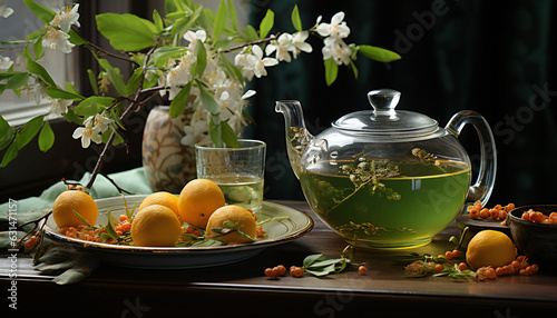 Artistic recreation of crystal jug tea with green tea. Illustration AI photo