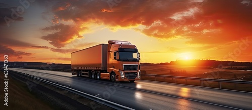 A truck with a trailer is driving on the motorway at night with an orange sunny sunset in the
