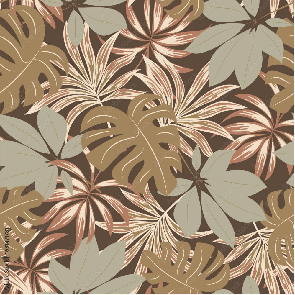 Original seamless tropical pattern with bright plants and leaves on a brown background. Tropic leaves in bright colors. Vector design. Jungle print. Floral background.  Printing and textiles. 