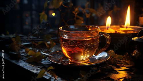 Artistic recreation of crystal cup tea of black tea together a candles. Illustration AI photo