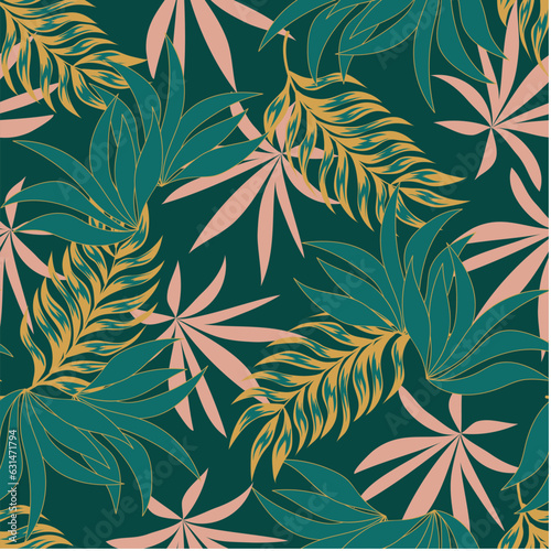 Original seamless tropical pattern with bright plants and leaves on a green background. Beautiful print with hand drawn exotic plants. Trendy summer Hawaii print. Colorful stylish floral.