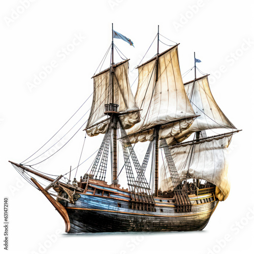 Wooden 15 th century sail boat isolated on white,AI Generated