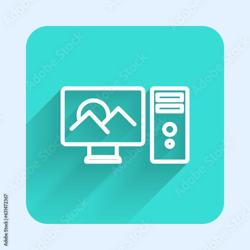 White line Photo retouching icon isolated with long shadow. Photographer, photography, retouch icon. Green square button. Vector