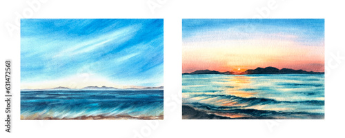 Romantic watercolor landscape illustration Set. Colourful sunset and sunrise at the sea with the cloud and reflection on the water. Hand drawn background Design for cover page, banner, booklet