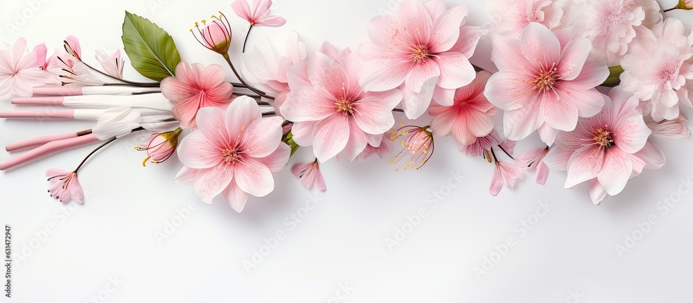 A creative arrangement of pink and white flowers and a paintbrush on a white background. It