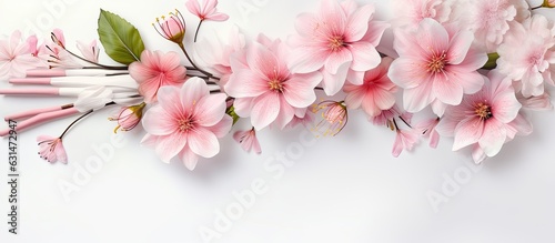 A creative arrangement of pink and white flowers and a paintbrush on a white background. It