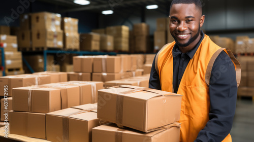 warehouse worker smiling holding a package. shipping and distribution