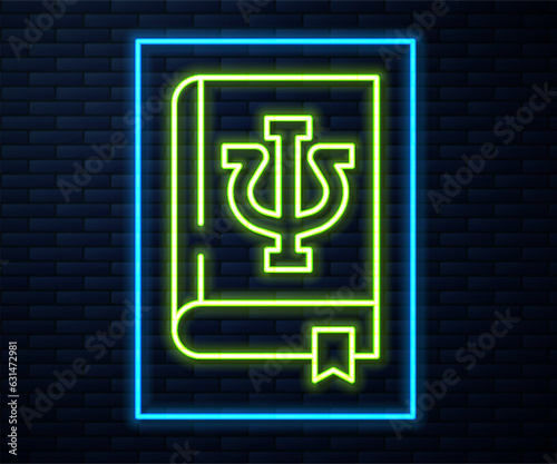 Glowing neon line Psychology book icon isolated on brick wall background. Psi symbol. Mental health concept, psychoanalysis analysis and psychotherapy. Vector