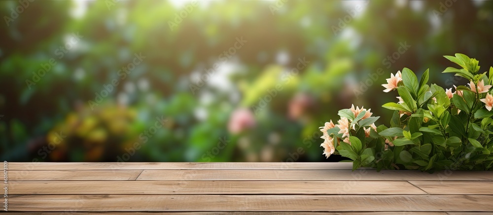 An outdoor garden background with a wooden table top, which is empty and can be used for marketing