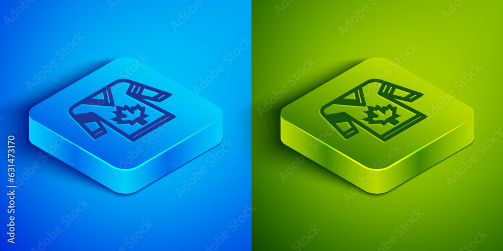 Isometric line Hockey jersey icon isolated on blue and green background. Square button. Vector Isometric line Hockey jersey icon isolated on blue and green background. Square button. Vector