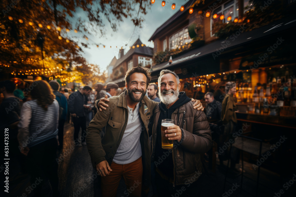 Obraz premium Two cheerful male friends with glasses of fresh beer by a wooden table in traditional German bar on autumn day. Drinking alcoholic beverage outdoors. Oktoberfest celebration.