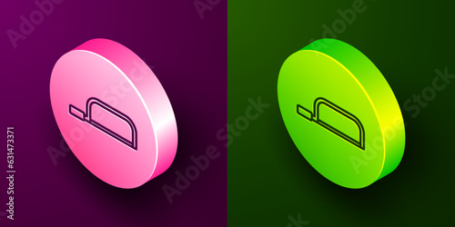 Isometric line Hacksaw icon isolated on purple and green background. Metal saw for wood and metal. Circle button. Vector