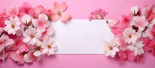 The greeting card has a flat lay with a pink background and pink flowers  creating a pattern.