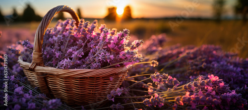 Wicker basket of freshly cut lavender flowers a field of lavender bushes. The concept of spa, aromatherapy, cosmetology.