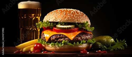 Burger and beer. A side view of a hamburger made with beef, cheese, onion, tomato, and green