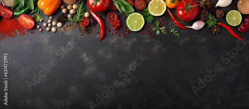 The frame of organic food with spices and vegetables is displayed on a stone background, allowing