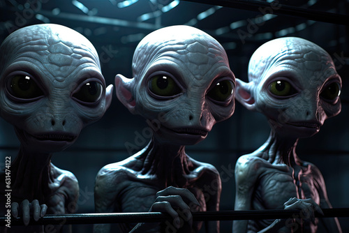 Three aliens from outer space with big eyes are held in imprisonement