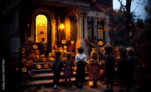 Group of children in front of a scary house, doing trick or treat on Halloween. Shallow field of view.