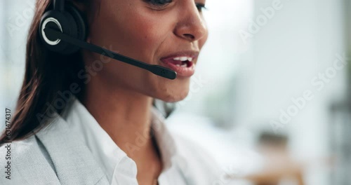 Customer service headset, mouth and happy woman consulting in telemarketing, telecom or help desk advice. Insurance agent consultation, closeup face and female consultant talking in call center chat photo