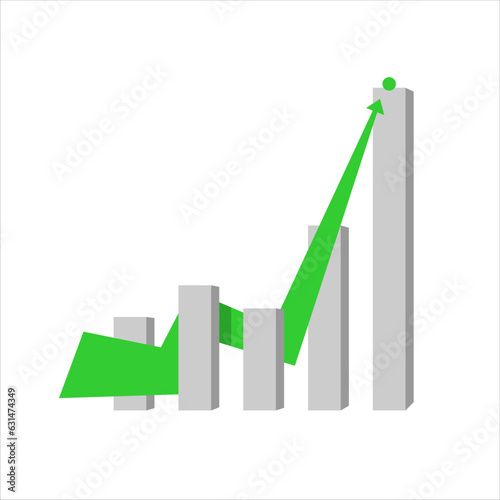 A green line arrow pointing upwards on the chart. Symbol of the chart having an upward trend. Vector illustration of a business chart