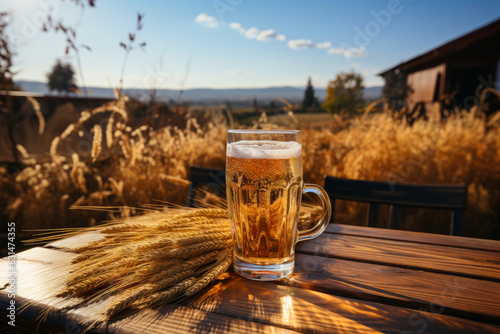 Glass of fresh beer on a wooden table on sunny summer day. Beer on a background of wheat field. Drinking alcoholic beverage outdoors.