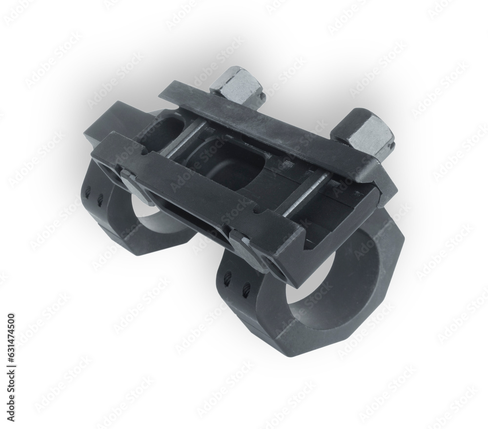 Shadow barely visible behind the Bottom of a rail mount for optics on a gun Shadow barely visible behind the Bottom of a rail mount for optics on a gun