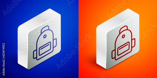 Isometric line School backpack icon isolated on blue and orange background. Silver square button. Vector