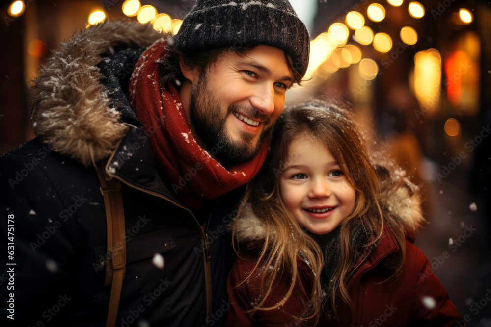 Father and child having wonderful time on traditional Christmas market on winter evening. Parent and kid enjoying themselves in Christmas town decorated with lights. Father and child having wonderful time on traditional Christmas market on winter evening. Parent and kid enjoying themselves in Christmas town decorated with lights.