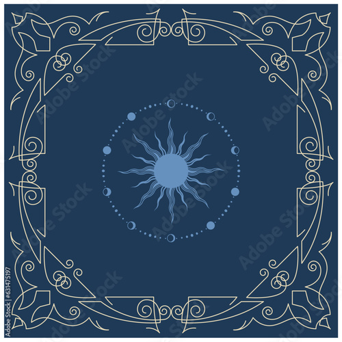 Ornamental frame with elegant pattern, tarot style corner decoration with esoteric and mystic border elements, vector
